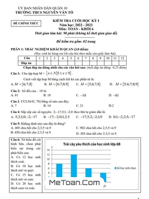 Đề Thi Cuối Kỳ 1 Toán 6 Năm 2022 - 2023 Trường THCS Nguyễn Văn Tố - TP.HCM