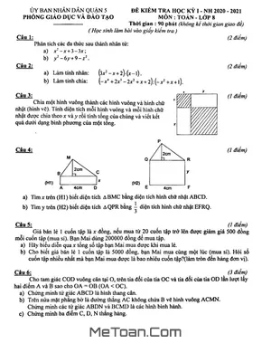 Đề thi HK1 Toán 8 năm 2020 - 2021 phòng GD&ĐT Quận 5 - TP HCM