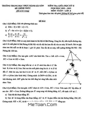 Đề thi giữa kỳ 2 Toán 8 năm 2022 - 2023 trường Thực hành Sài Gòn - TP HCM