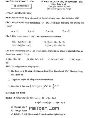 Đề thi giữa kỳ 1 Toán 8 năm 2019 - 2020 trường THCS Nam Từ Liêm - Hà Nội