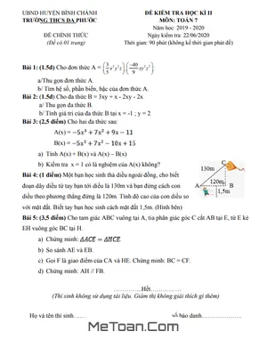 Đề Kiểm Tra Học Kì 2 Toán 7 Năm 2019 - 2020 Trường THCS Đa Phước - TP.HCM