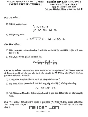 Đề thi Toán Vào 9 Chuyên KHTN Hà Nội 2022 (Vòng 1 - Đợt 2)