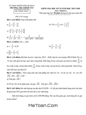 Đề thi học kì 2 Toán lớp 6 năm 2019 - 2020 trường THCS Bình Tây - TP.HCM (có đáp án)