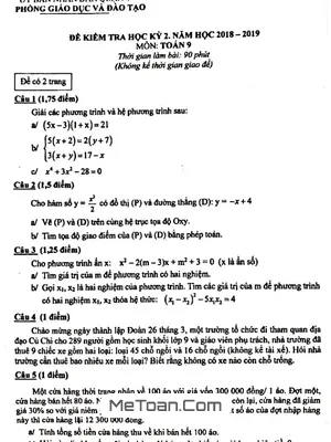 Đề thi học kỳ 2 Toán 9 năm 2018 - 2019 phòng GD&ĐT Quận 4 - TP HCM