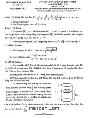 Đề thi tuyển sinh lớp 10 môn Toán (chuyên) năm 2023 - 2024 sở GD&ĐT Hưng Yên