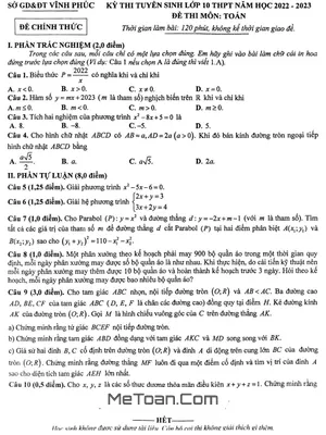 Đề thi tuyển sinh lớp 10 THPT môn Toán năm 2022 - 2023 Sở GD&ĐT Vĩnh Phúc