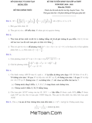 Đề thi tuyển sinh lớp 10 môn Toán chuyên Sở GD&ĐT Hưng Yên năm học 2020 - 2021