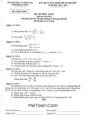 Đề thi tuyển sinh vào 10 chuyên Toán Đồng Tháp năm 2014 - 2015