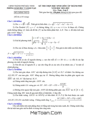 Đề thi học sinh giỏi Toán 9 năm 2021 - 2022 phòng GD&ĐT thành phố Bắc Ninh