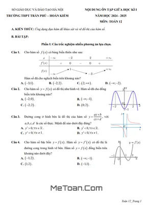 Ôn Tập Giữa Kì 1 Toán 12 Năm 2024 - 2025 Trường THPT Trần Phú - Hà Nội