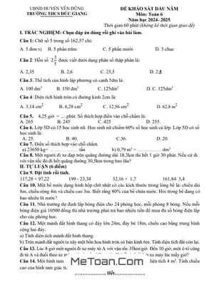Đề khảo sát Toán lớp 6 đầu năm 2024 - 2025 trường THCS Đức Giang - Bắc Giang