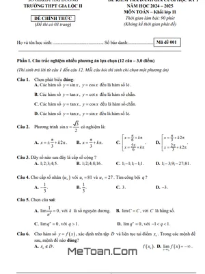 Đề thi học kỳ 1 Toán 11 năm 2024 - 2025 trường THPT Gia Lộc 2 - Hải Dương
