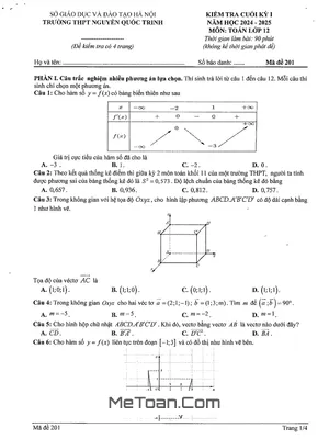 Đề thi học kỳ 1 Toán 12 năm 2024 - 2025 trường THPT Nguyễn Quốc Trinh - Hà Nội