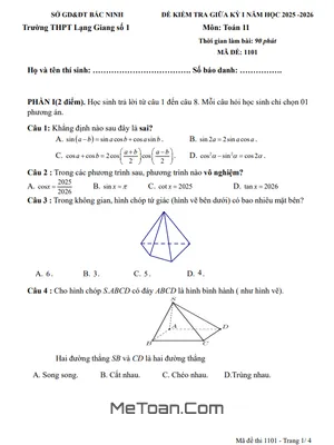 Đề thi giữa kì 1 Toán 11 năm 2025 - 2026 trường THPT Lạng Giang 1, Bắc Ninh (kèm đáp án)