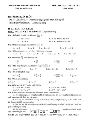 Đề cương giữa kỳ 2 Toán 8 năm 2025 – 2026 trường THCS Nguyễn Trường Tộ – Hà Nội