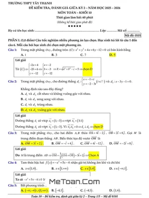 Đề giữa kỳ 2 Toán 10 năm 2025 – 2026 trường THPT Tây Thạnh – TP HCM