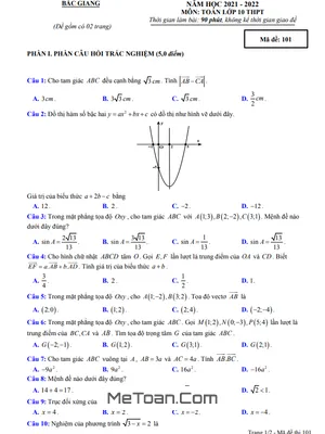 Đề thi học kì 1 Toán 10 năm 2021 - 2022 Sở GD&ĐT Bắc Giang (có đáp án)