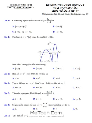 Đề Thi Cuối Kỳ 1 Toán 12 Năm 2023 - 2024 Trường THPT Kim Sơn A - Ninh Bình