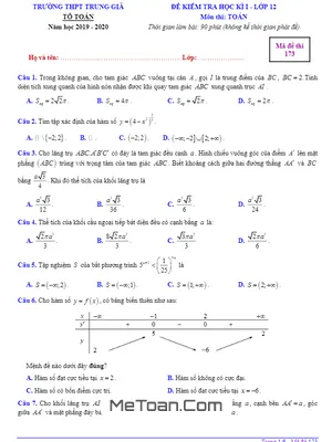 Đề kiểm tra HK1 Toán 12 năm 2019 - 2020 trường THPT Trung Giã - Hà Nội