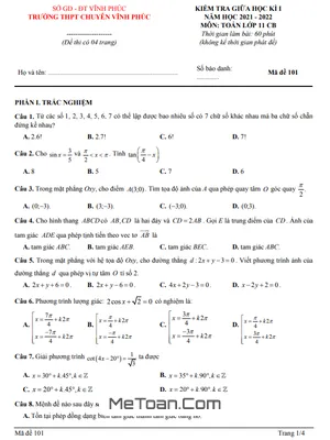 Đề kiểm tra giữa kì 1 Toán 11 Cơ Bản năm 2021 - 2022 trường THPT Chuyên Vĩnh Phúc