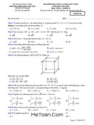 Đề kiểm tra chất lượng Toán 12 đầu năm 2022 – 2023 THPT Hàn Thuyên – Bắc Ninh