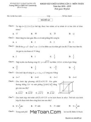 Đề khảo sát chất lượng Toán 12 năm học 2018 - 2019 trường M.V Lômônôxốp - Hà Nội (Lần 1)