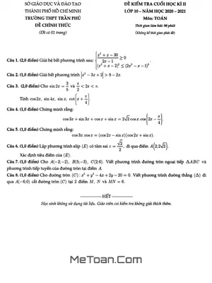 Đề thi học kỳ 2 Toán 10 năm 2020 - 2021 trường THPT Trần Phú - TP.HCM