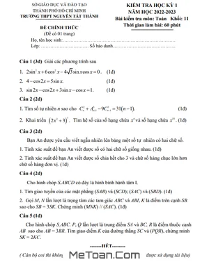 Đề học kỳ 1 Toán 11 năm 2022 - 2023 trường THPT Nguyễn Tất Thành - TP HCM