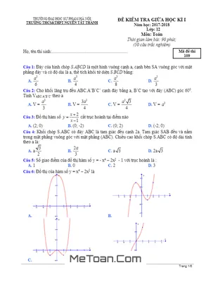 Đề thi giữa HK1 Toán 12 năm 2017-2018 trường THCS-THPT Nguyễn Tất Thành - Có đáp án