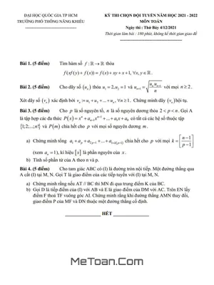 Đề thi chọn đội tuyển HSG Toán 2021 - 2022 trường Phổ thông Năng khiếu TP.HCM