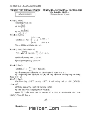 Đề thi học kỳ 2 Toán 11 năm 2018 - 2019 trường THPT Thị xã Quảng Trị