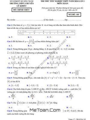 Đề thi thử THPT 2024 môn Toán lần 1 trường chuyên Lê Khiết – Quảng Ngãi