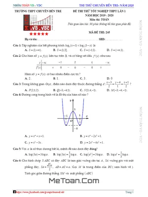 Đề thi thử tốt nghiệp THPT 2020 môn Toán lần 1 trường THPT chuyên Bến Tre