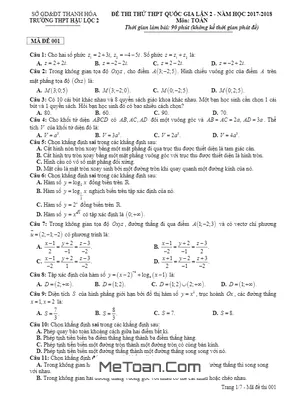 Đề thi thử Toán THPT Quốc gia 2018 trường THPT Hậu Lộc 2 – Thanh Hóa lần 2 có đáp án