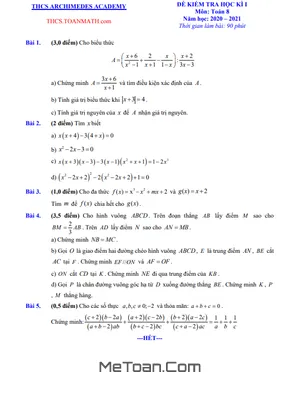 Đề thi học kì 1 Toán 8 năm 2020 - 2021 trường THCS Archimedes Academy - Hà Nội