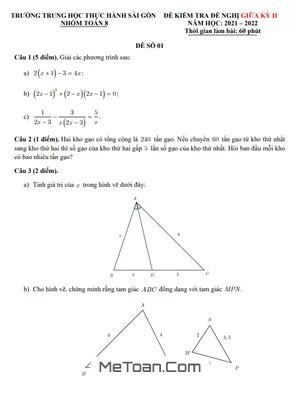 Đề Đề Nghị Giữa Kỳ 2 Toán 8 Năm 2021 - 2022 Trường Thực Hành Sài Gòn - TP HCM