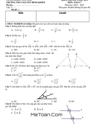 Đề Thi Giữa Kì 1 Môn Toán Lớp 7 Năm 2023 - 2024 Trường THCS Nguyễn Bỉnh Khiêm - Quảng Nam