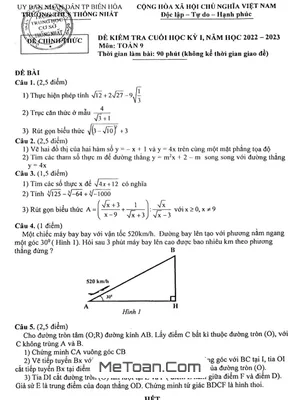 Đề thi học kỳ 1 Toán lớp 9 năm 2022 - 2023 trường THCS Thống Nhất - Đồng Nai