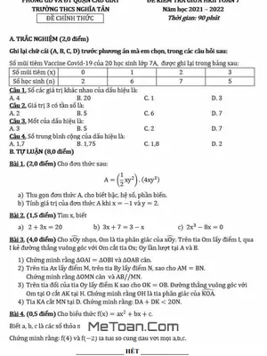 Đề thi giữa HK2 Toán 7 năm 2021-2022 trường THCS Nghĩa Tân - Hà Nội