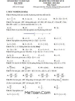 Đề kiểm tra Học kỳ 2 Toán 8 năm 2022 - 2023 Sở GD&ĐT Bắc Ninh