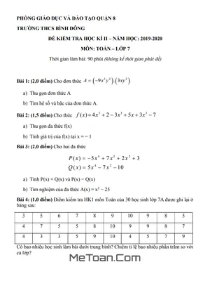 Đề thi HK2 Toán 7 năm 2019 - 2020 trường THCS Bình Đông - TP HCM có đáp án