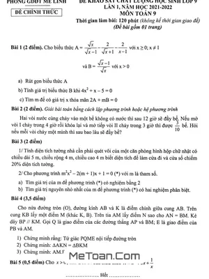 Đề KSCL Toán 9 Lần 1 Năm 2021 - 2022 Phòng GD&ĐT Mê Linh - Hà Nội