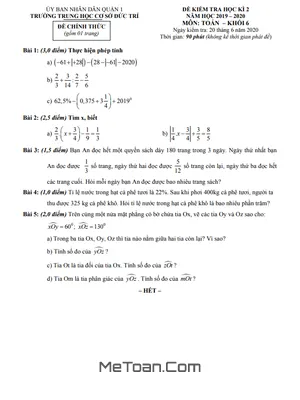 Đề thi học kì 2 Toán 6 năm 2019 - 2020 trường THCS Đức Trí - TP.HCM (có đáp án)