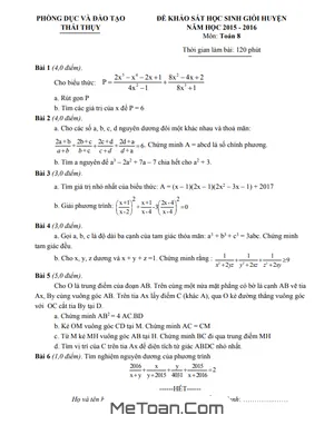Đề thi HSG huyện Toán 8 năm 2015 - 2016 phòng GD&ĐT Thái Thụy - Thái Bình