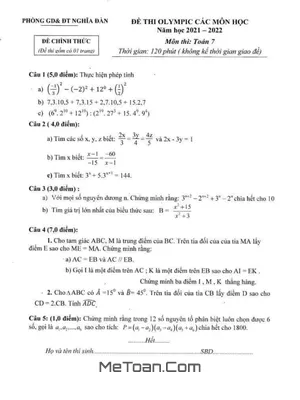 Đề thi Olympic Toán 7 năm 2021 - 2022 phòng GD&ĐT Nghĩa Đàn - Nghệ An