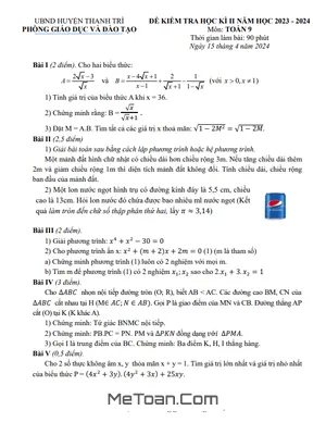Đề Thi Học Kì 2 Môn Toán Lớp 9 Năm 2023 - 2024 Phòng GD&ĐT Thanh Trì - Hà Nội