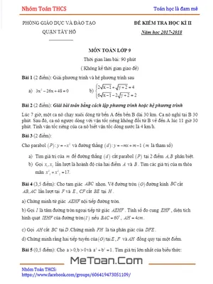 Đề thi học kỳ 2 Toán 9 năm 2017 - 2018 phòng GD&ĐT Tây Hồ - Hà Nội