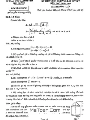 Đề thi tuyển sinh lớp 10 môn Toán năm 2023 - 2024 sở GD&ĐT Hải Phòng