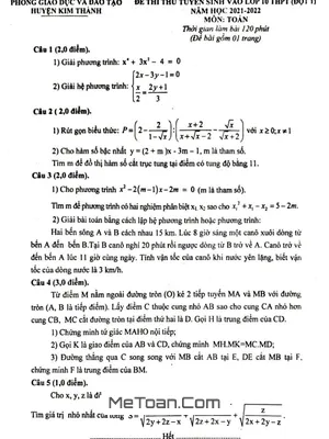 Đề thi thử Toán vào lớp 10 đợt 1 năm 2022 phòng GD&ĐT Kim Thành – Hải Dương