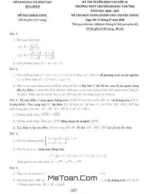 Đề thi vào 10 môn Toán chuyên 2020 – 2021 trường THPT chuyên Hoàng Văn Thụ – Hòa Bình